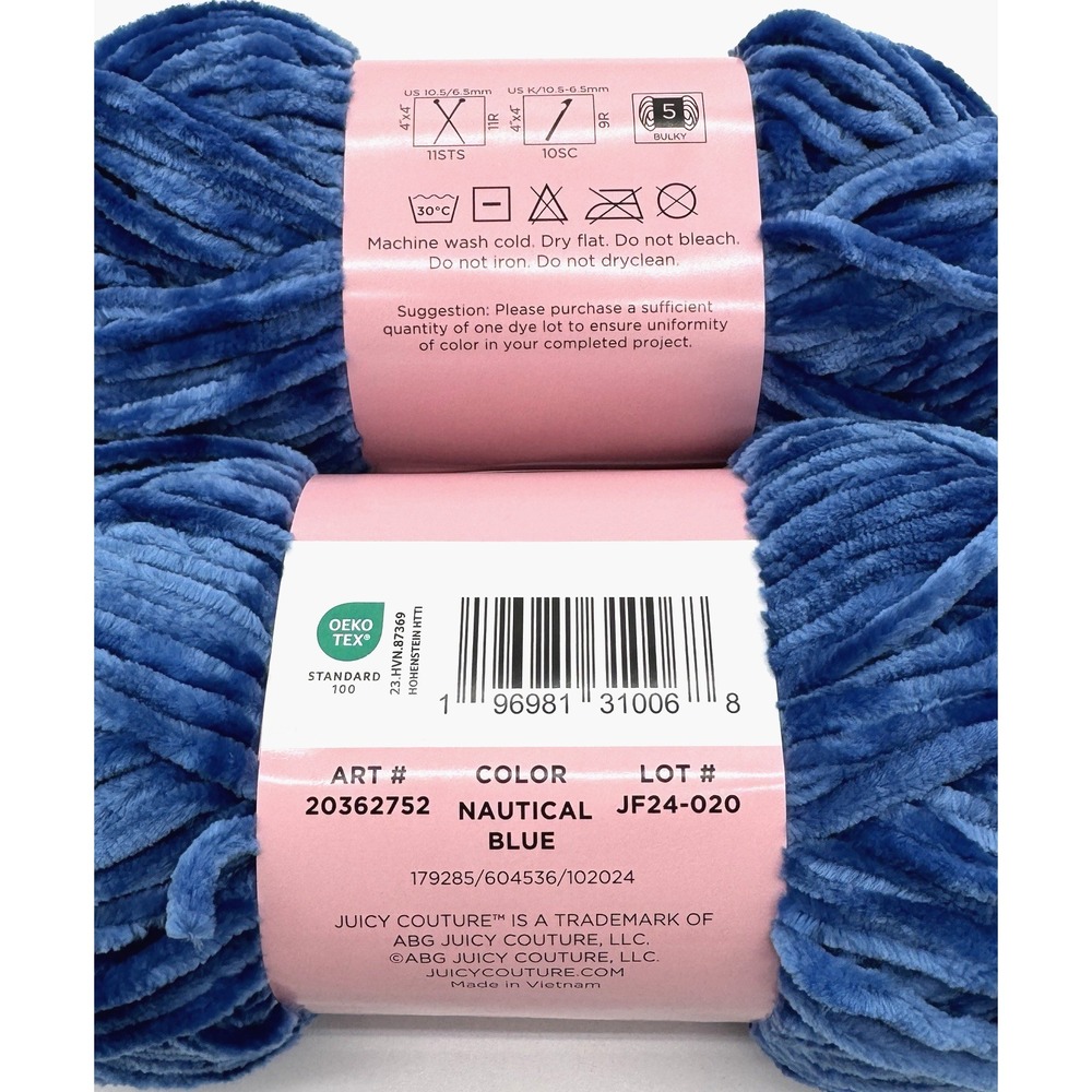 JUICY COUTURE 2-Skein-Lot Luxe Velour Yarn Nautical Blue Discontinued Joann‎ 5B - Picture 3 of 4